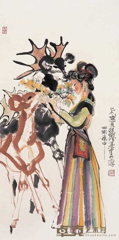程十发 己未（1979）年作 少女与鹿 立轴 97×48cm